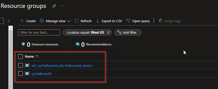 Azure resource group for the AKS deployment