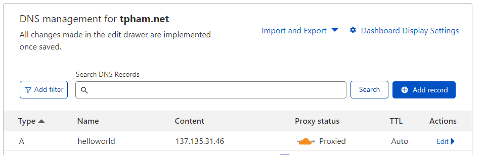 Cloudflare DNS record configuration