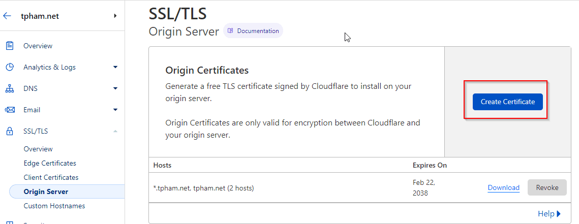 Cloudflare origin certificate settings